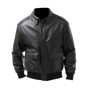 Men's Leather Jacket Black Air Force A-2 Goatskin Leather Jacket, Zip Front, Flap Pockets