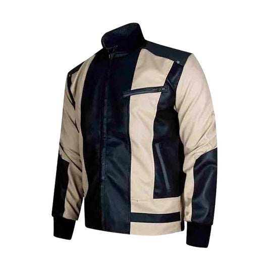 Men's Leather Bomber Jacket, Two-Tone Black and Beige, Zip Front with Stand Collar
