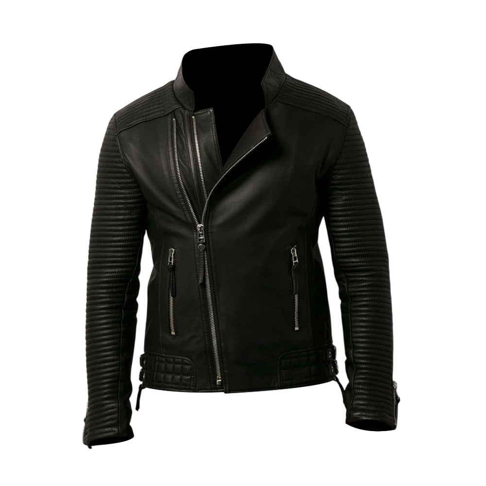 Men's Leather Biker Jacket, Zipper Closure, Banded Collar