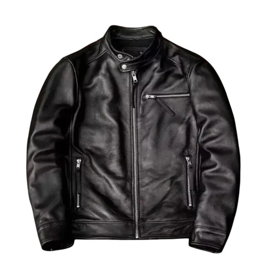 Men's Genuine Leather Motorcycle Jacket, Black, Zip-Up Biker Style with Multiple Pockets, Stand Collar