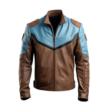 Men's Dusty Blue Brown Genuine Sheepskin Leather Racer Style Jacket, Stand Collar, Zip-up, Racer Style