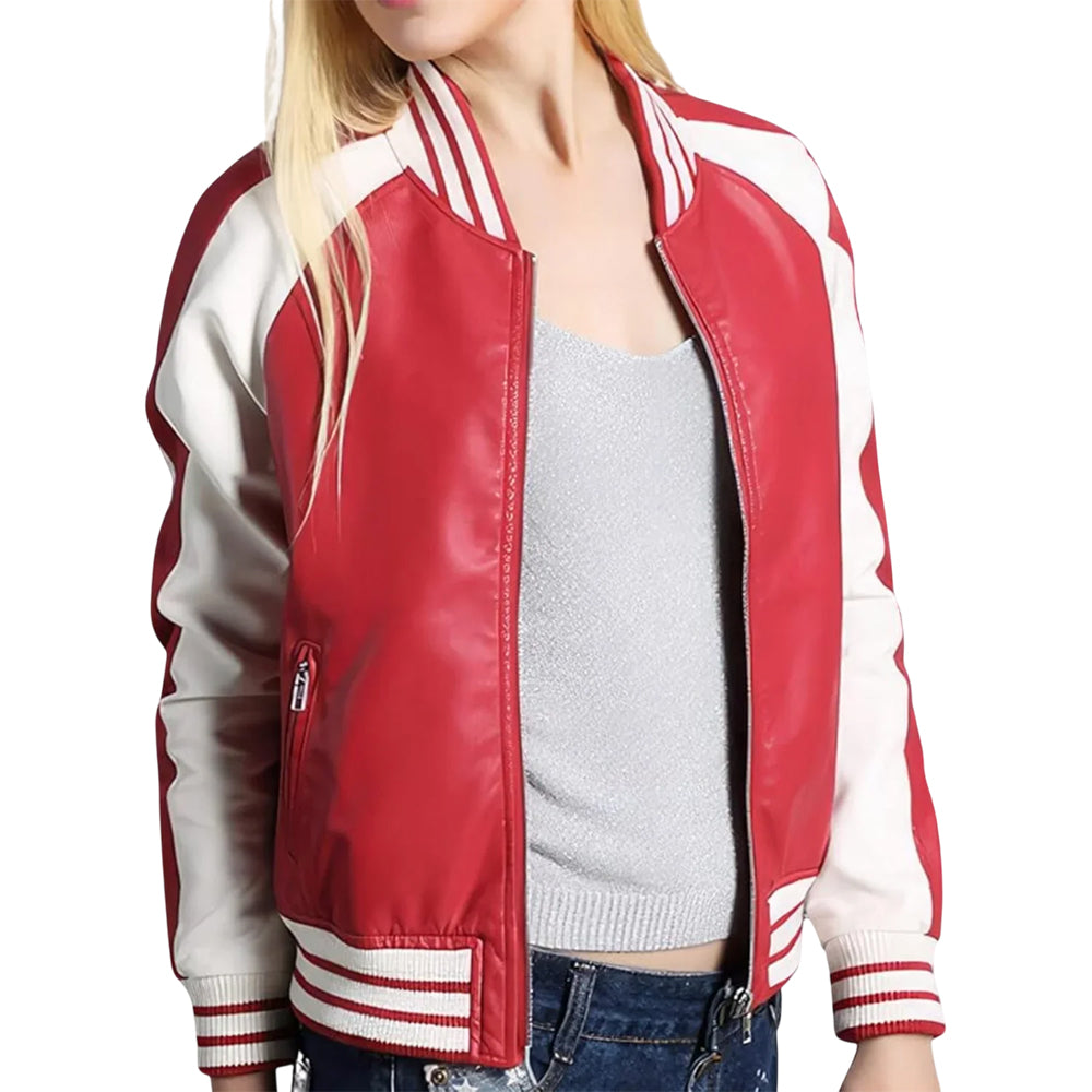 Women's Real Sheepskin Leather Varsity Jacket, Rib Knit Collar and Cuffs, Leather Jacket for Women