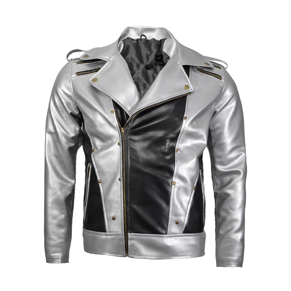 Metallic Silver and Black Motorcycle Jacket, Leather, Asymmetrical Zipper Design