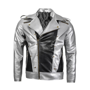 Metallic Silver and Black Motorcycle Jacket, Leather, Asymmetrical Zipper Design