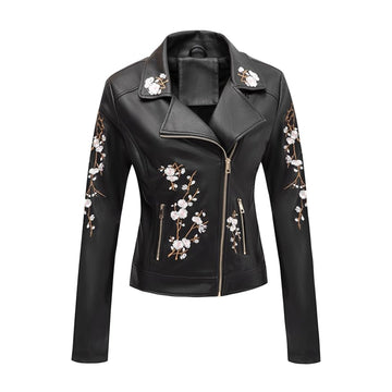 Women's Real Leather Embroidered Casual Lapel Jacket Floral Lightweight Moto Biker Coat for Spring Fall