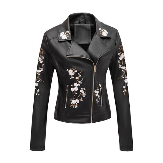 Women's Real Leather Embroidered Casual Lapel Jacket Floral Lightweight Moto Biker Coat for Spring Fall