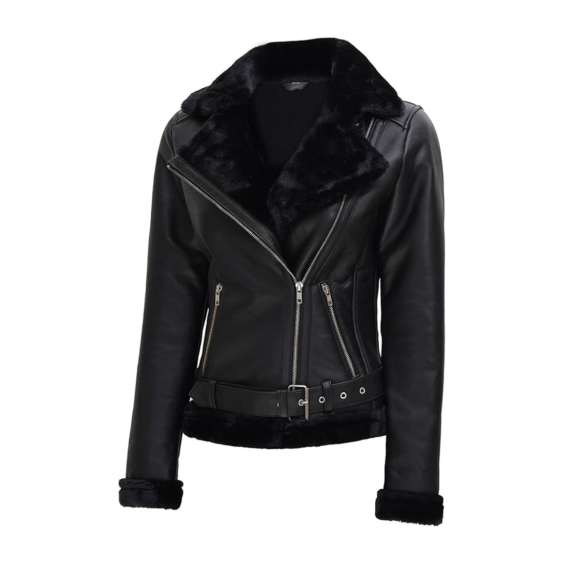 Women's Black Leather Shearling Moto Jacket