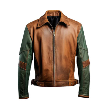 Men's Distressed Brown Jacket Sea Green Leather Jacket with Shirt Collar, Lightweight Racing Style