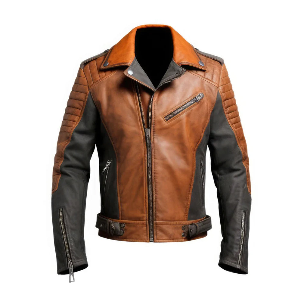 Men's Brown Quilted Moto Genuine Sheepskin men's leather jacket Distressed