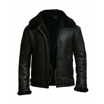 Men's Black Shearling Sheepskin Bomber Jacket