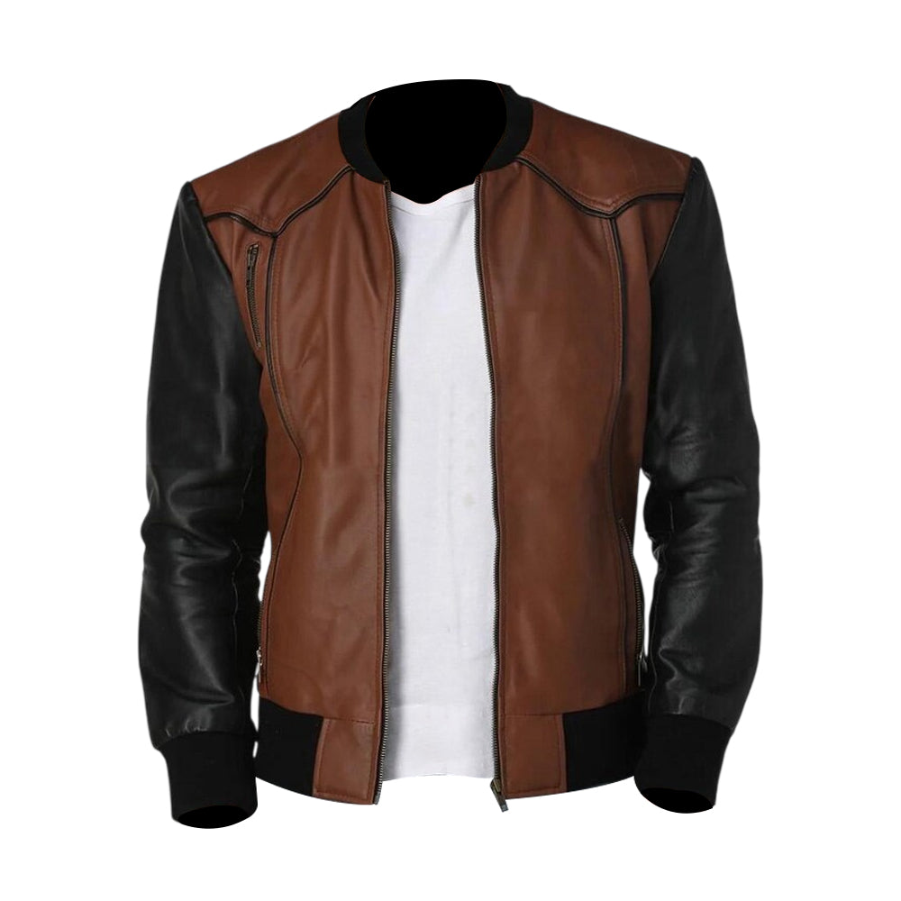 Men's Bomber jacket Brown and Black Leather Vintage Bomber Zip Up Biker Style Fashion Jacket