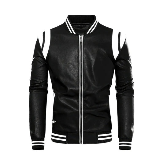 Men's black leather jacket with White Shoulder Stripesreal Sheepskin Leather Biker Jacket