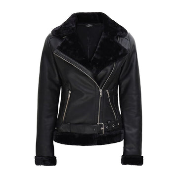 Women's Black Leather Shearling Moto Jacket