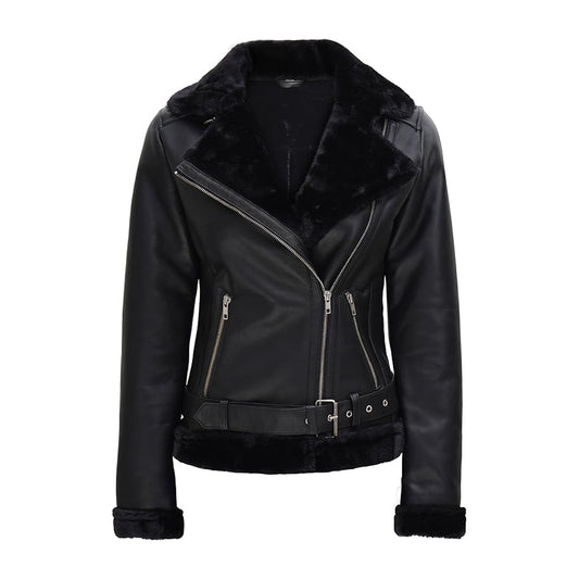 Women's Black Leather Shearling Moto Jacket