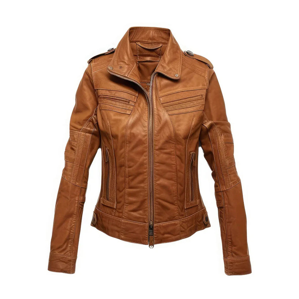 Women's Leather Moto Jacket Chocolate Brown Genuine Sheepskin Soft with Shirt Collar, Casual Stylish