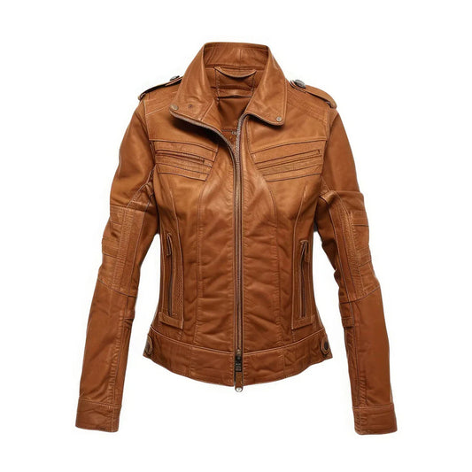Women's Leather Moto Jacket Chocolate Brown Genuine Sheepskin Soft with Shirt Collar, Casual Stylish