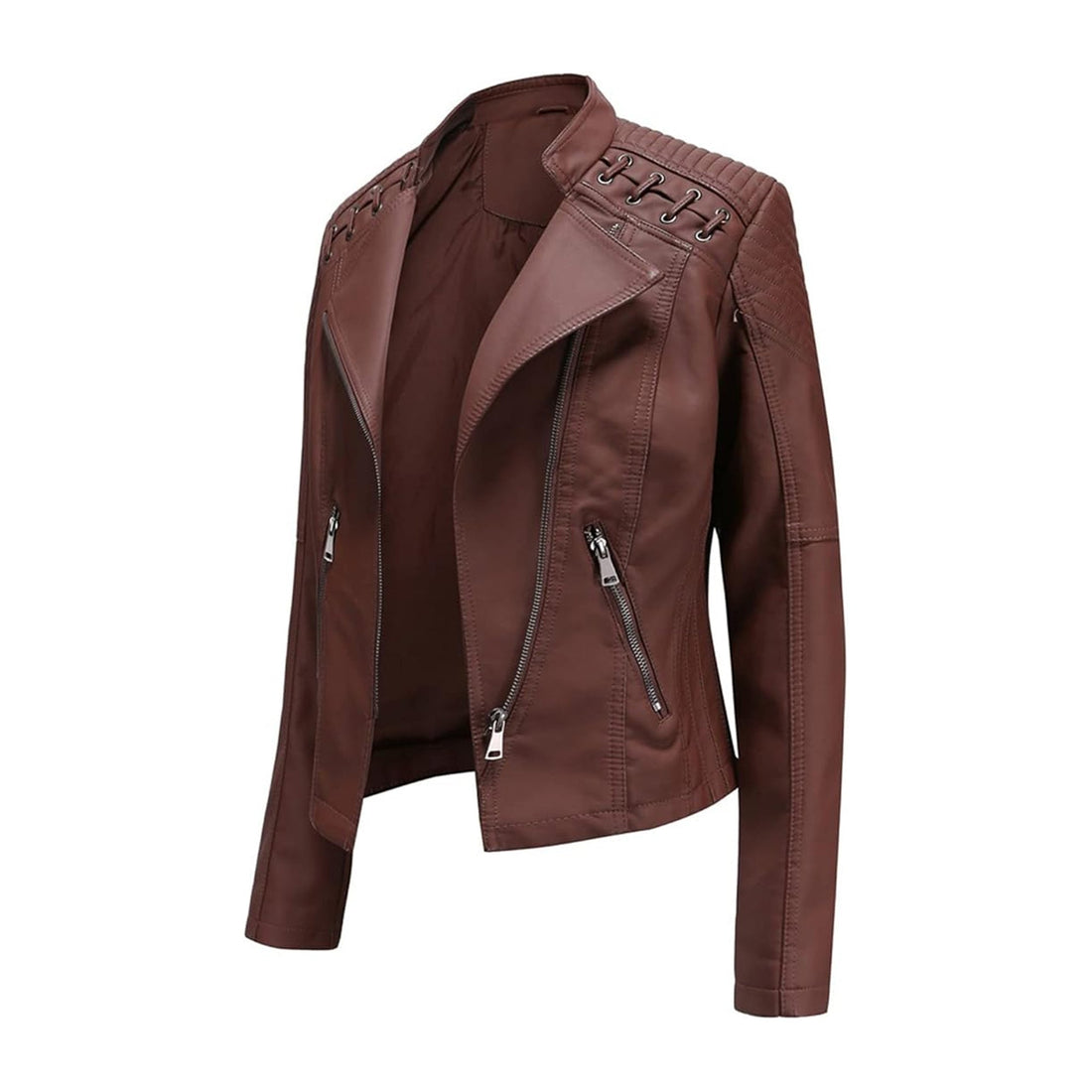 Women's String Quilted Shoulder Jackets Oblique Zip Long Sleeve Coats Trendy Leather Biker Moto Slim Jacket