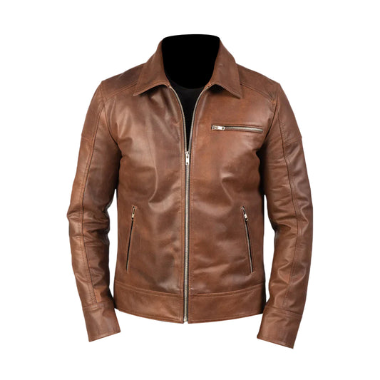 Men's Biker Jacket Brown, Real Sheep Skin, Zippered