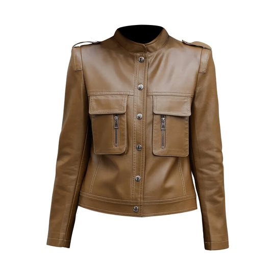 Women's Leather Jacket Sheepskin Stand Collar Korean Fashion Luxury Slim Fit Outwear Leather Jacket ll Brown