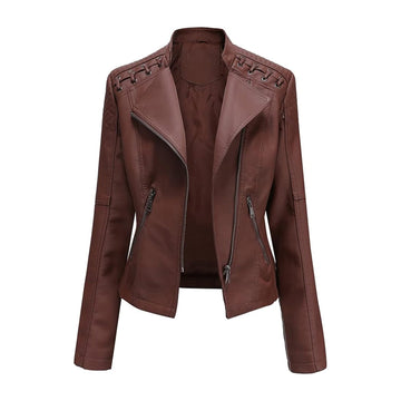 Women's String Quilted Shoulder Jackets Oblique Zip Long Sleeve Coats Trendy Leather Biker Moto Slim Jacket