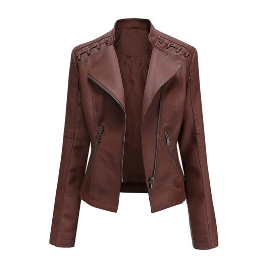 Women's String Quilted Shoulder Jackets Oblique Zip Long Sleeve Coats Trendy Leather Biker Moto Slim Jacket