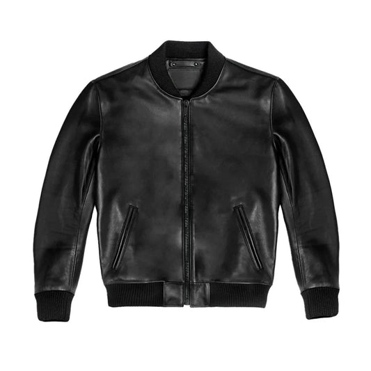 Men Black Bomber Ribbed Leather Jacket