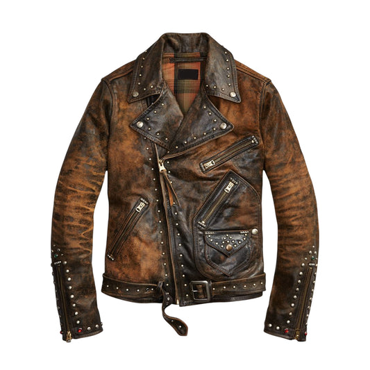 Men & Women Leather Jacket brown Black Punk Full Silver Spiked Studded Zippered Jacket