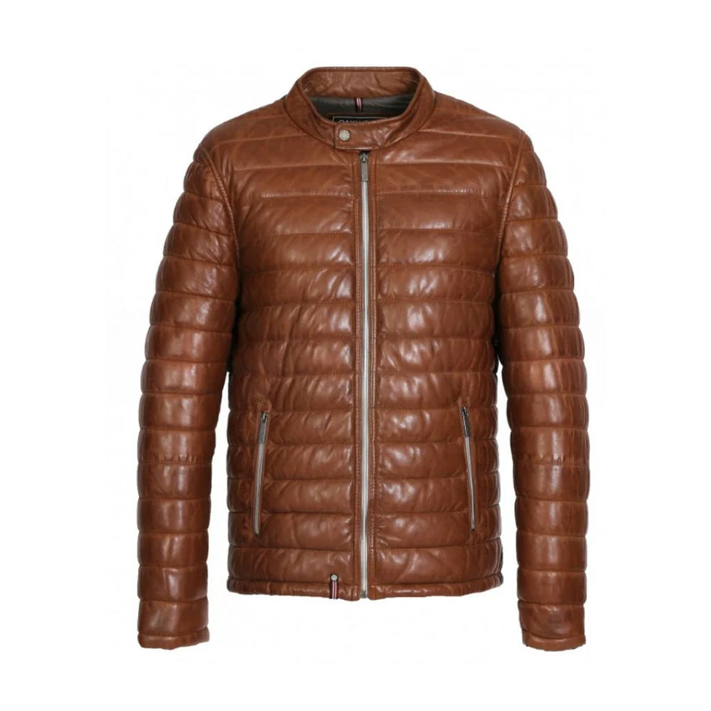 Genuine leather down jacket with press buttoned mandarin Collar