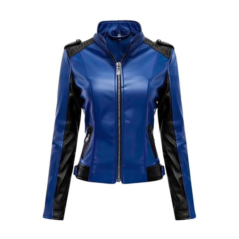 Women's Leather Jacket Blue Biker Genuine Sheepskin Leather Moto Jacket with Stand Collar, Rider Slim Fit