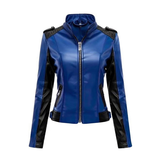 Women's Leather Jacket Blue Biker Genuine Sheepskin Leather Moto Jacket with Stand Collar, Rider Slim Fit