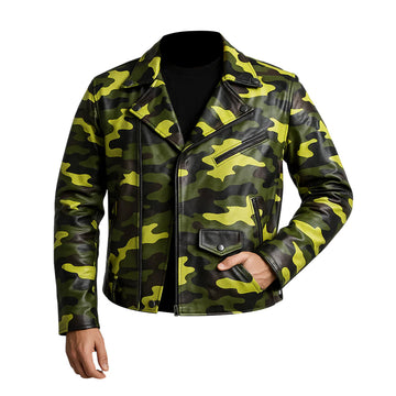 Camouflage Motorcycle Jacket, Military Green and Yellow Print, Multi-Pocket Design with Zipper Closure