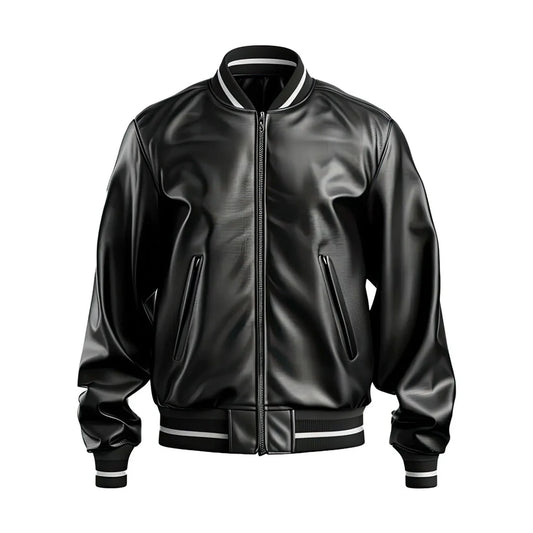 Black Sheepskin Genuine Men's leather jacket with Baseball Collar, Baggy Stylish