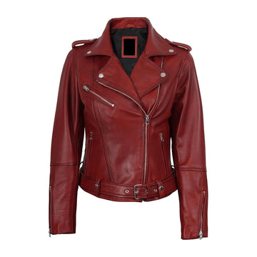 Women's Red Asymmetrical Biker Style Leather Jacket
