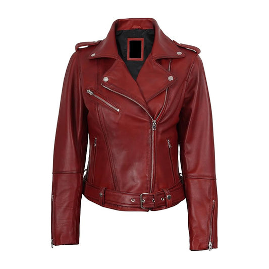 Women's Red Asymmetrical Biker Style Leather Jacket