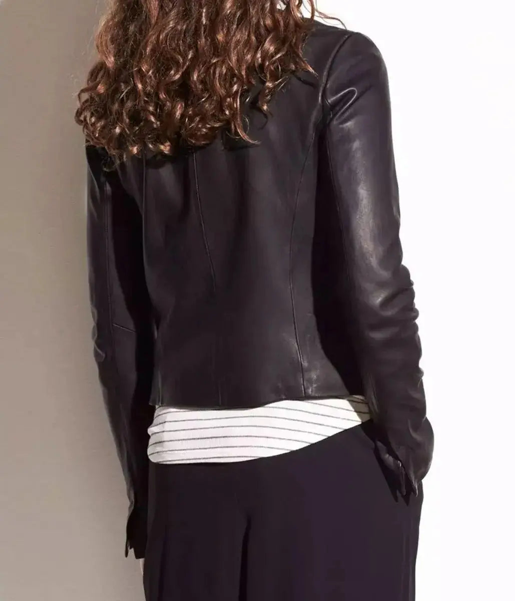 Black Collarless cropped jacket women trending Hide Crafts