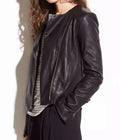 Black Collarless cropped jacket women trending Hide Crafts