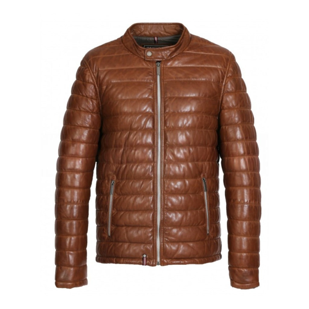 Genuine leather down jacket with press buttoned mandarin Collar