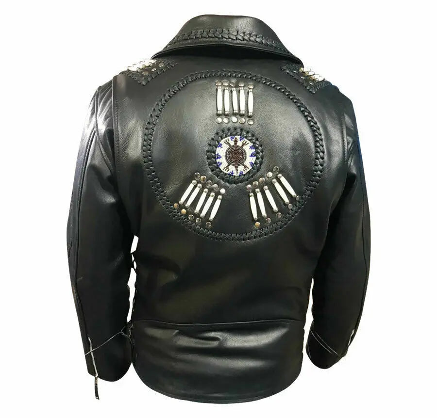 Men Western Genuine Cowhide Leather Jacket Bone & Beads Native American Hide Crafts