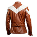 Men's Brown and White Leather Blazer with Notch Lapel Collar Back Belt Hide Crafts