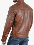 Men's Classic Motorcycle Leather Jacket, Brown, Stand Collar, Front Zip Pockets Hide Crafts