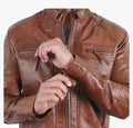 Men's Classic Motorcycle Leather Jacket, Brown, Stand Collar, Front Zip Pockets Hide Crafts