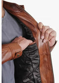 Men's Classic Motorcycle Leather Jacket, Brown, Stand Collar, Front Zip Pockets Hide Crafts