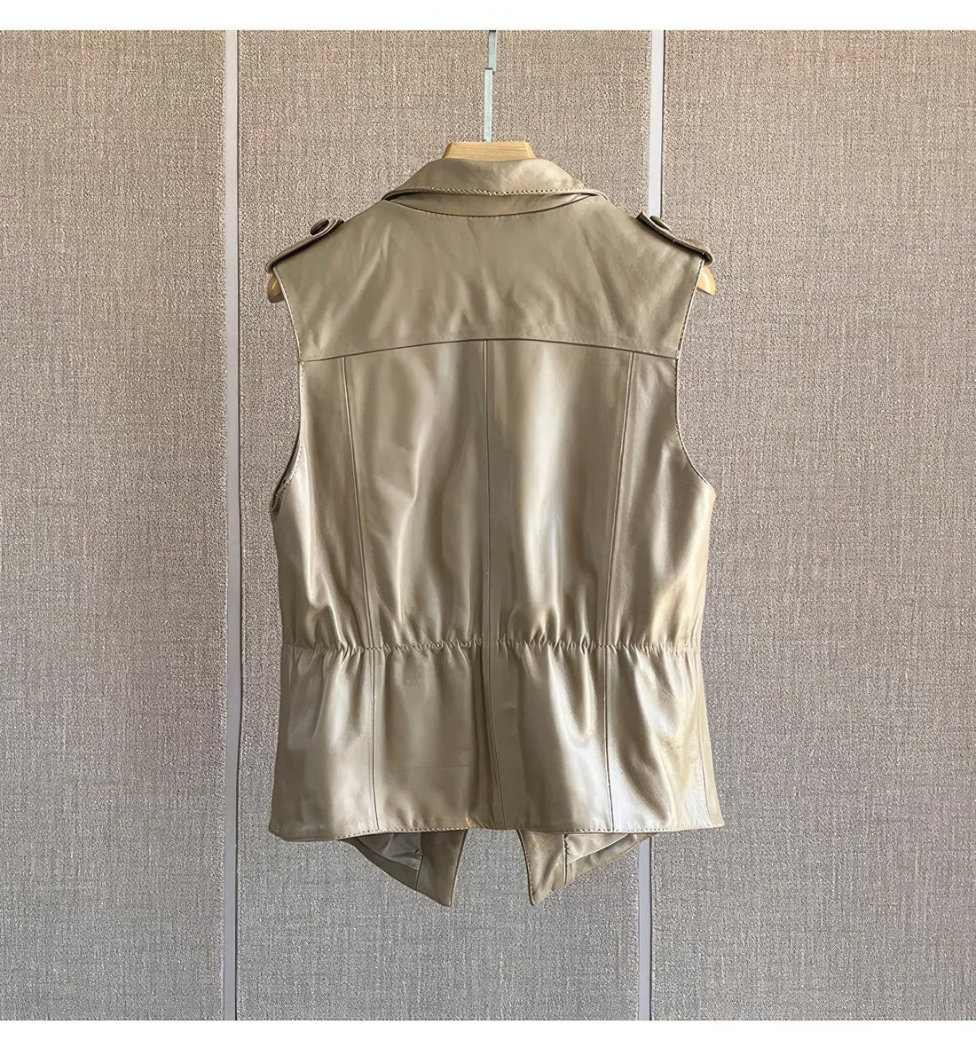 Women's Apricot Genuine Sheepskin Notched Lapel Collar Leather Sleeveless Vest Hide Crafts