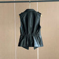 Women's Black Genuine Sheepskin Notched Lapel Collar Leather Sleeveless Vest Hide Crafts