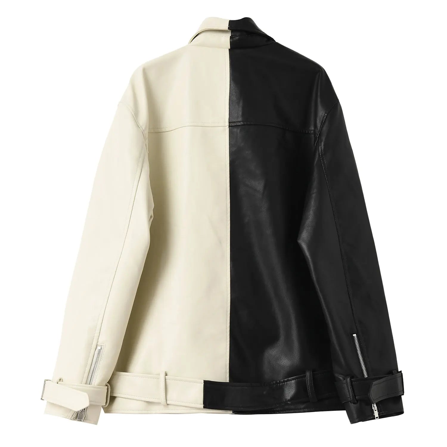 Women's Black & Beige Genuine Sheepskin Leather Jacket Moto Asymmetric Zip Front Oversized Fit Style Hide Crafts
