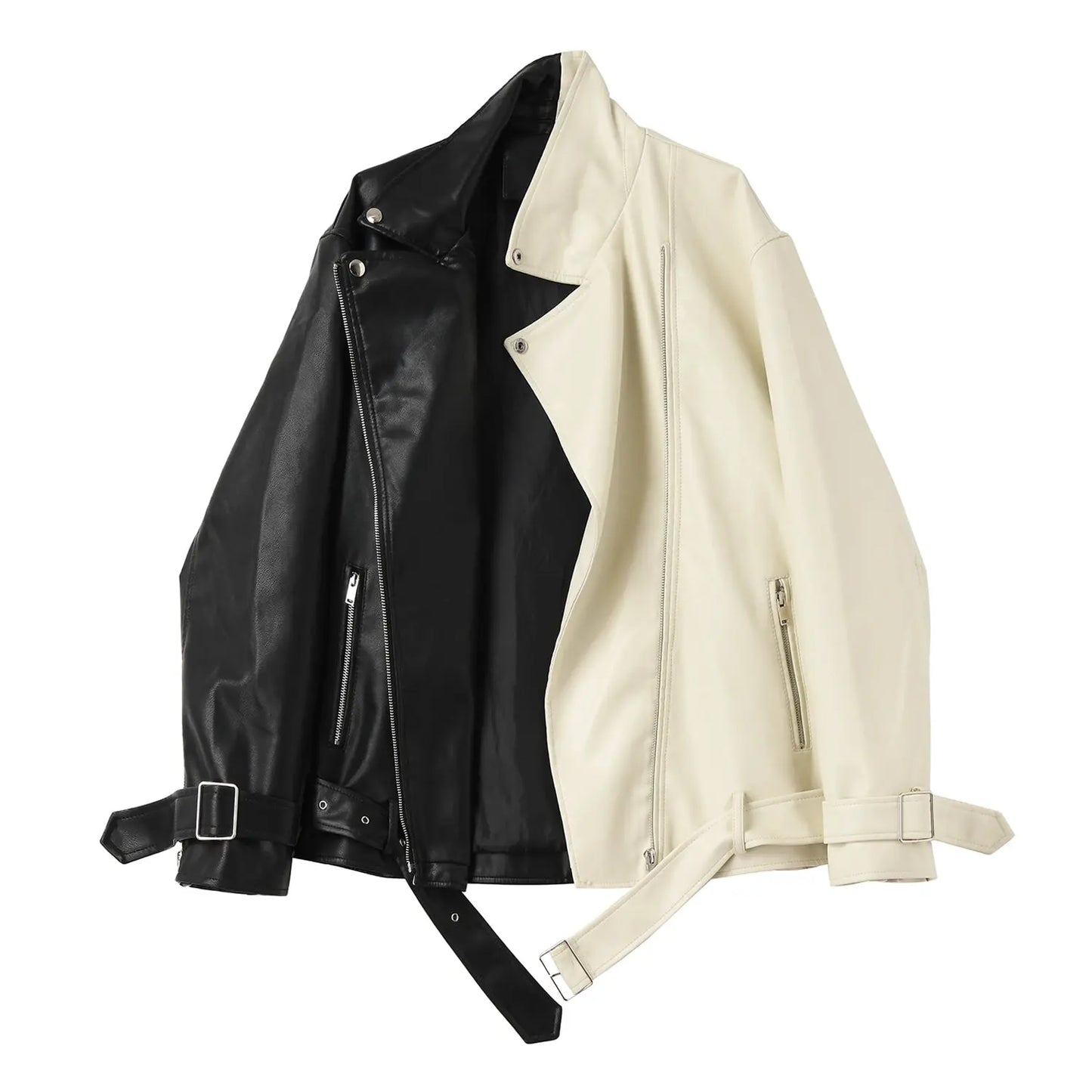 Women's Black & Beige Genuine Sheepskin Leather Jacket Moto Asymmetric Zip Front Oversized Fit Style Hide Crafts