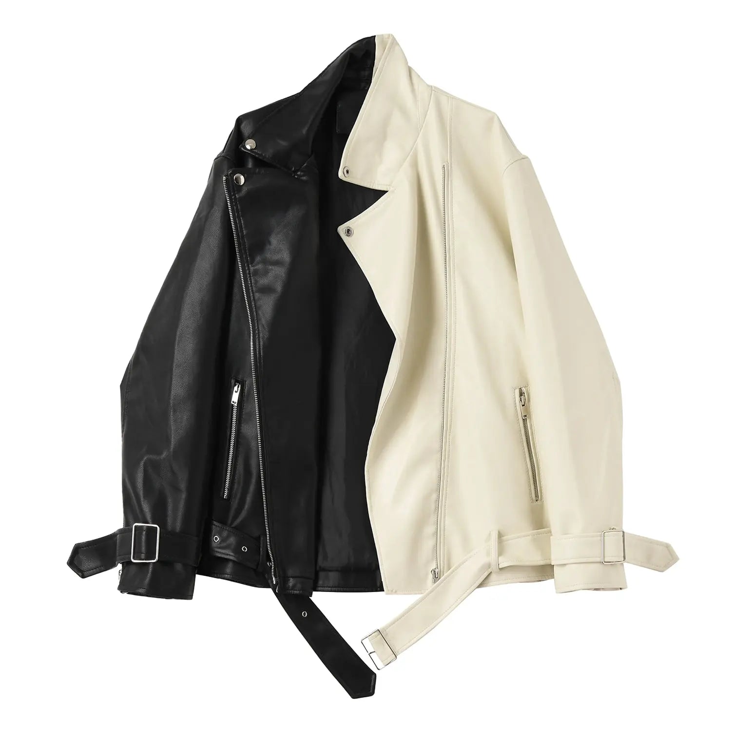 Women's Black & Beige Genuine Sheepskin Leather Jacket Moto Asymmetric Zip Front Oversized Fit Style Hide Crafts
