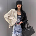 Women's Black & Beige Genuine Sheepskin Leather Jacket Moto Asymmetric Zip Front Oversized Fit Style Hide Crafts