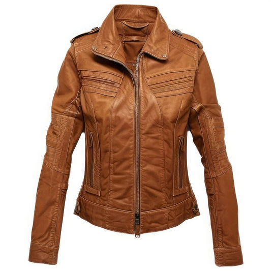 Women’s Chocolate Brown Genuine Sheepskin Soft Leather Moto Jacket with Shirt Collar, Casual Stylish Hide Crafts
