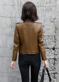 Women's Genuine Sheepskin Stand Collar Korean Fashion Luxury Slim Fit Outwear Leather Jacket ll Brown Hide Crafts